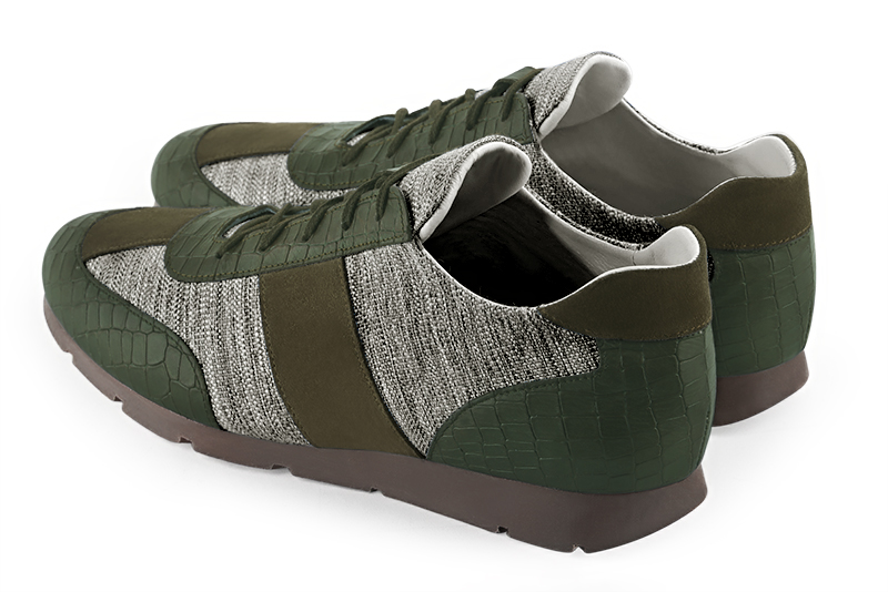 Forest green and ash grey two-tone dress sneakers for men. Round toe. Flat rubber soles. Rear view - Florence KOOIJMAN